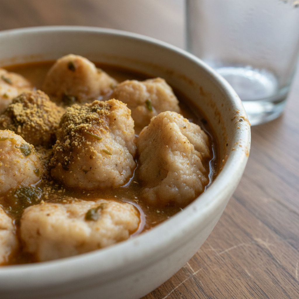 Boiled Masa Dumplings in a Savory Chile and Nutritional Yeast Broth