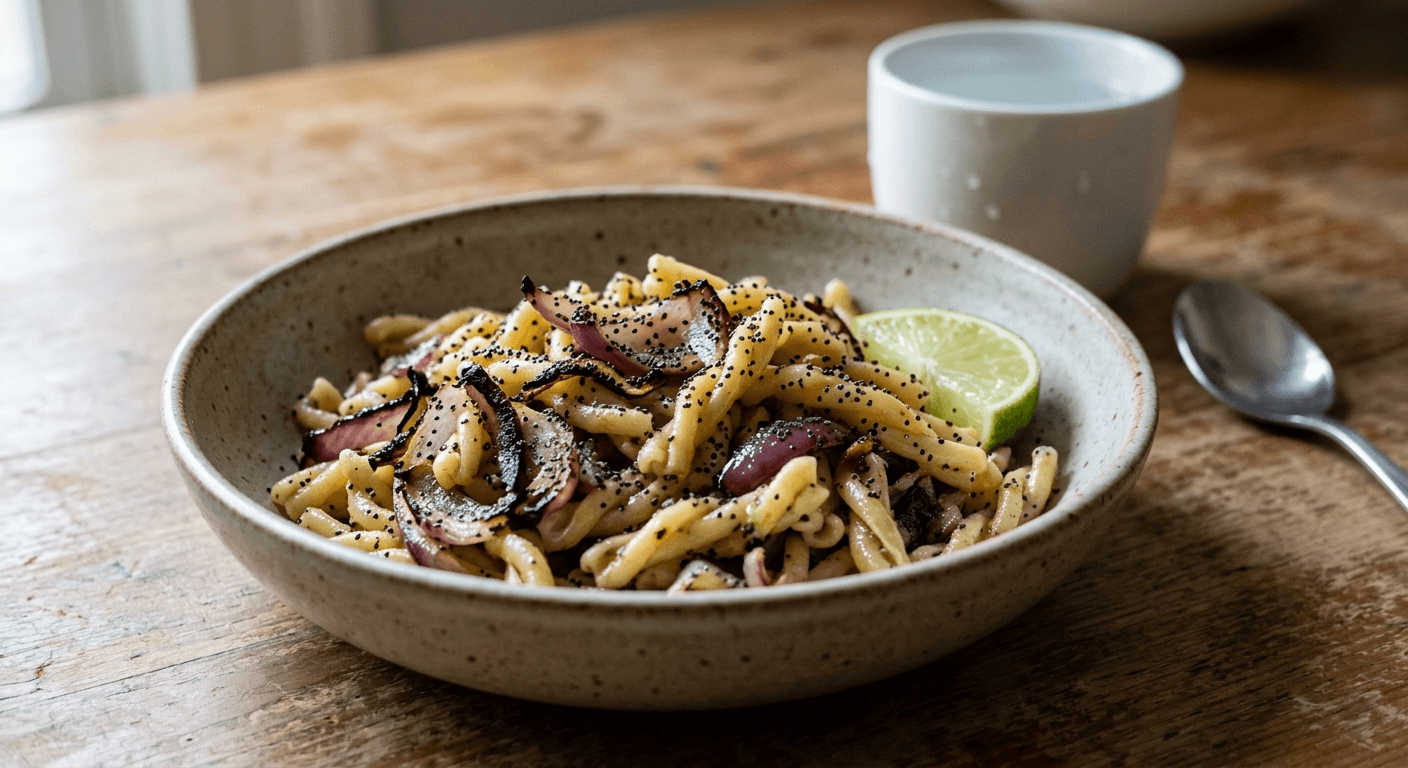 Grilled Sweet Pasta with Charred Red Onion, Poppy Seed, and Lime
