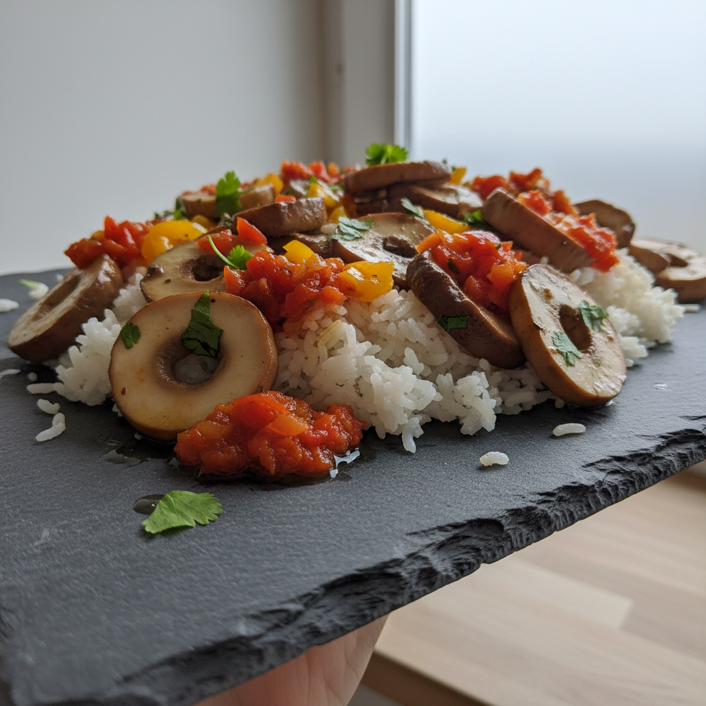 Quick-Pickled King Oyster Mushrooms with Coconut Rice and Bell Pepper Sambal