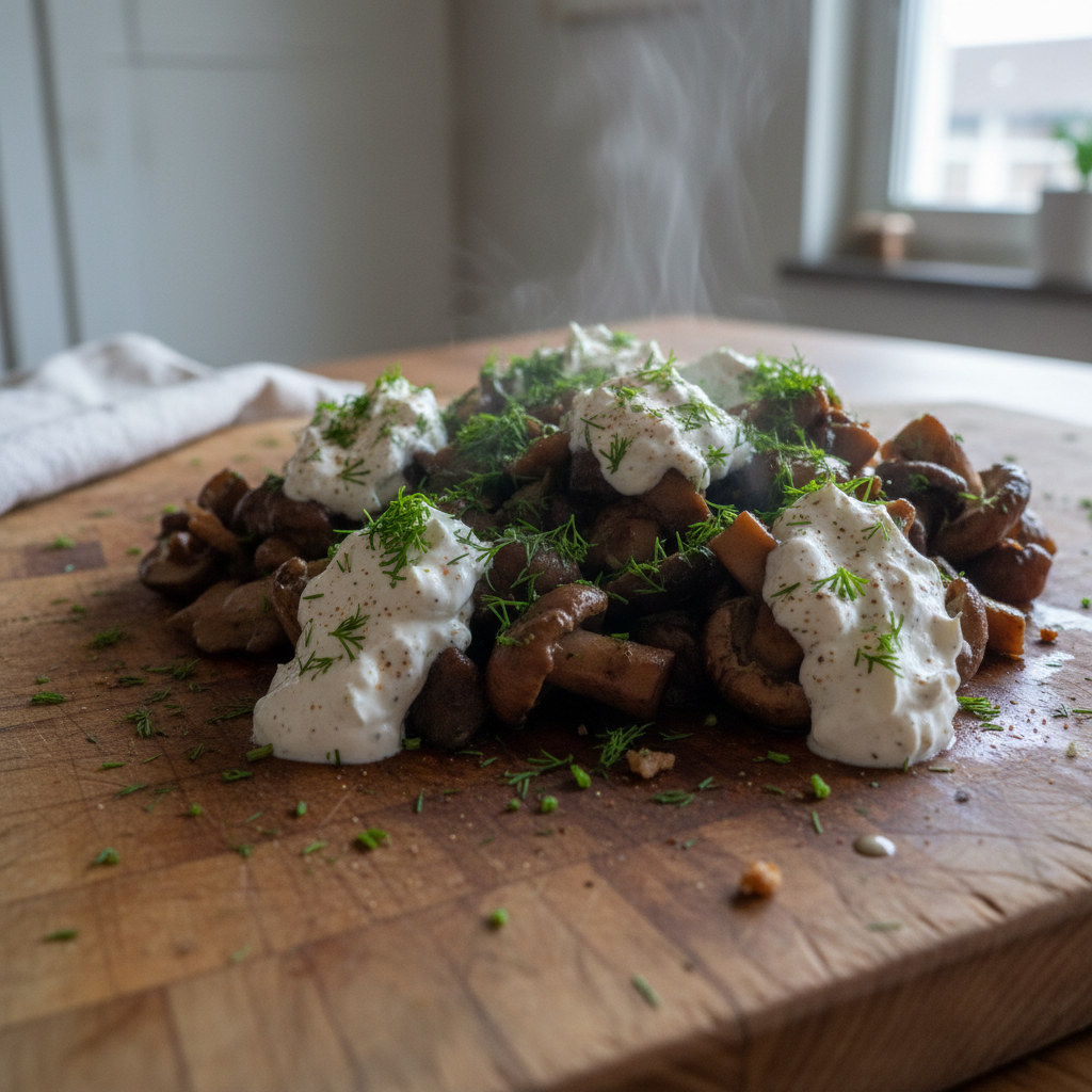 Simmered Porcini with Spiced Sour Cream and Dill