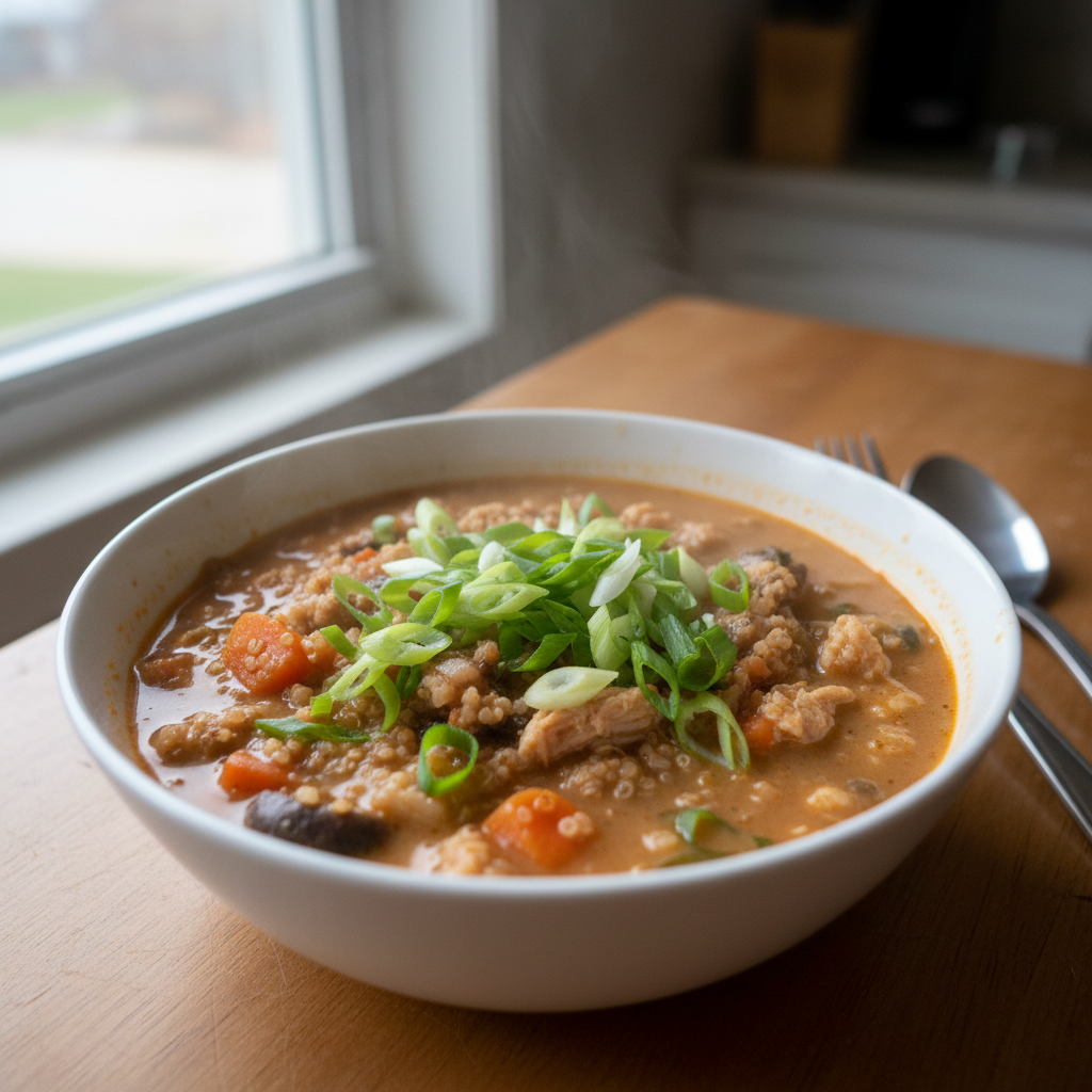 Simmered Thai-Style Quinoa Soup with Cured Green Onion