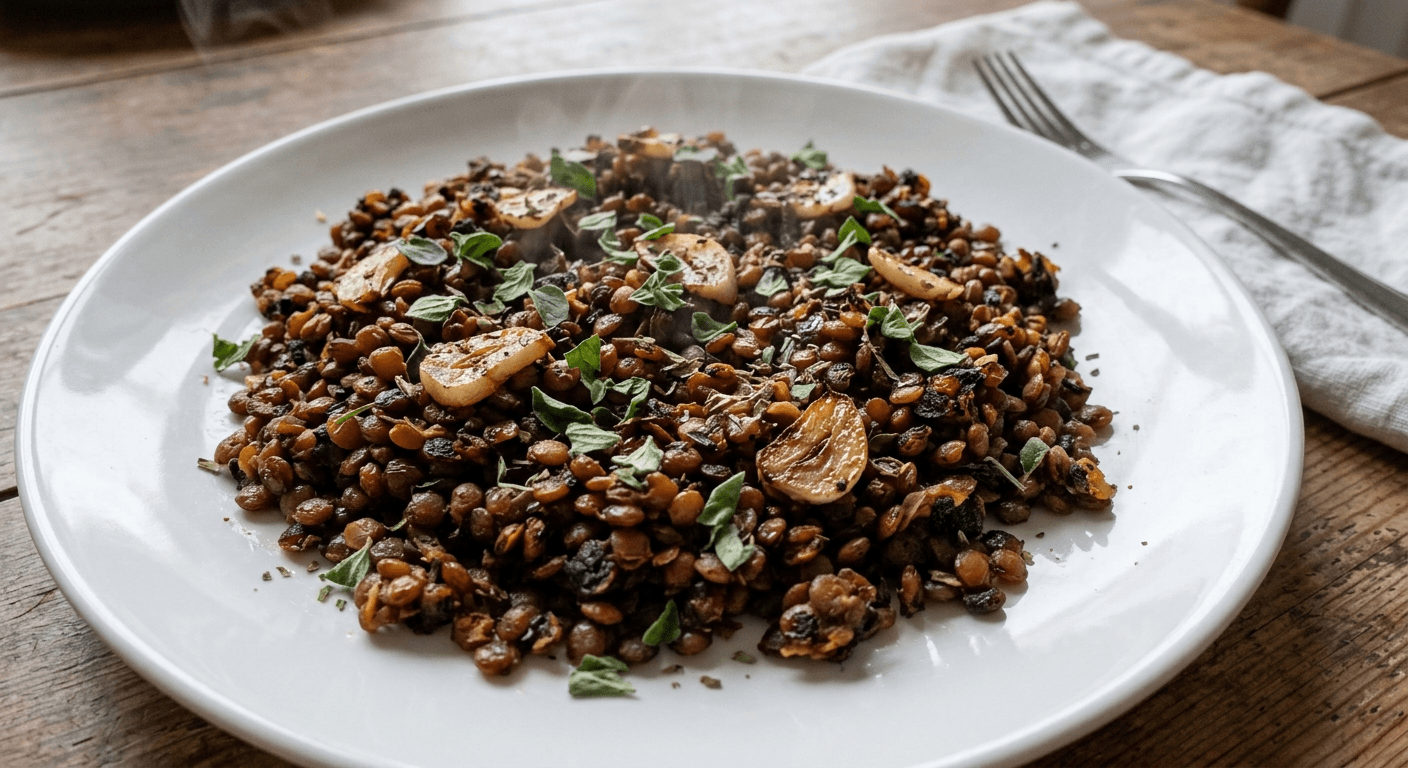 Wok-Scorched Red Lentils with Garlic and Oregano